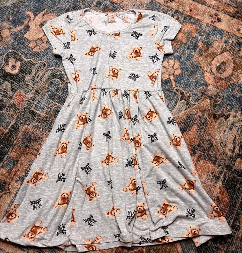 Emma & Elsa Girls Grey Teddy Bear and Plaid Bow Print Knit Dress